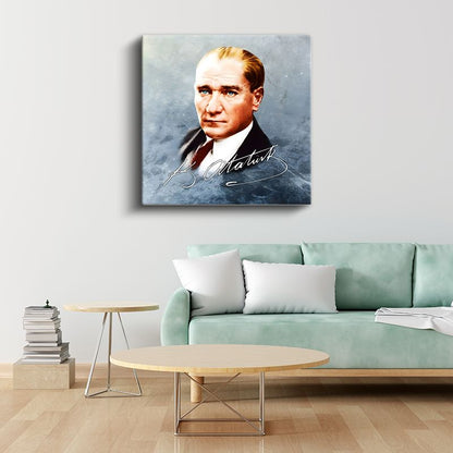 İmzalı Atatürk - Mavi Fonda Portre Kanvas Tablo