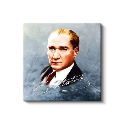 İmzalı Atatürk - Mavi Fonda Portre Kanvas Tablo