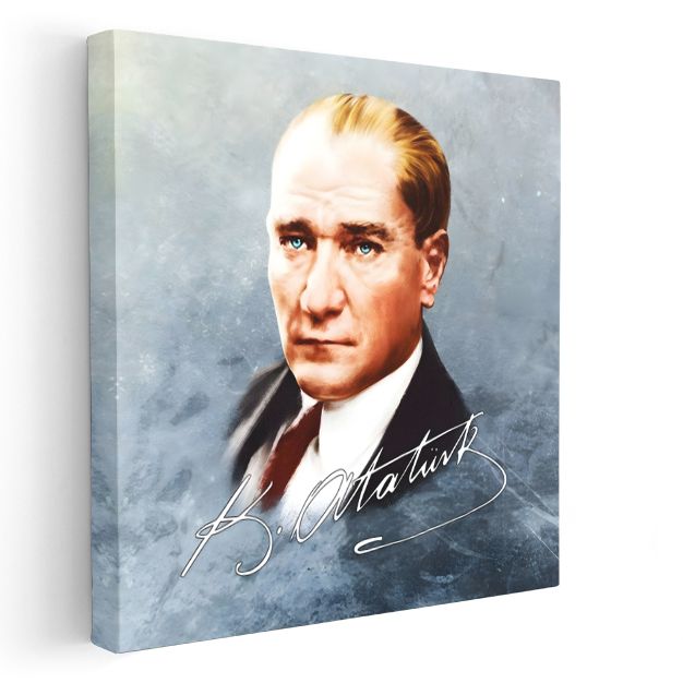 İmzalı Atatürk - Mavi Fonda Portre Kanvas Tablo