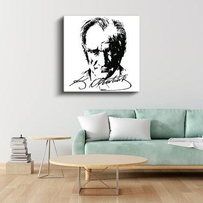 İmzalı Atatürk - Siyah Beyaz Çizim Kanvas Tablo