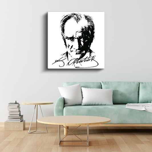 İmzalı Atatürk - Siyah Beyaz Çizim Kanvas Tablo