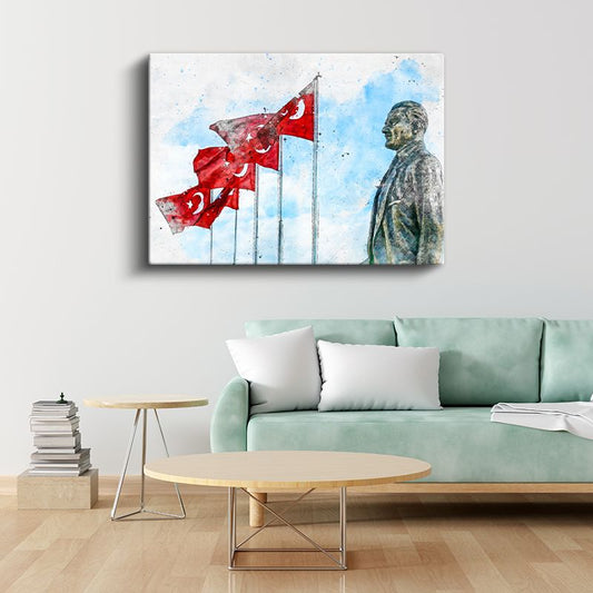 Bayrak ve Atatürk - Suluboya Anıt Kanvas Tablo