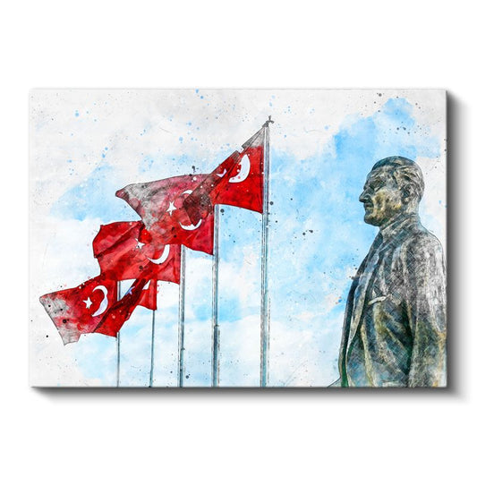 Bayrak ve Atatürk - Suluboya Anıt Kanvas Tablo