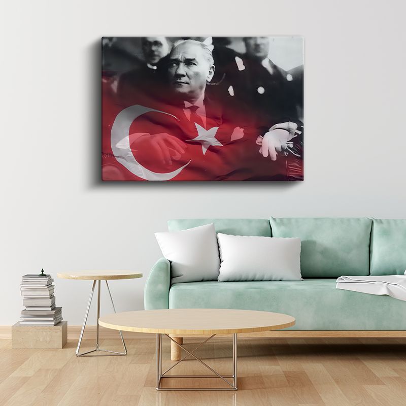 Bayrak Efektli Atatürk - Kırmızı Tonlu Portre Kanvas Tablo