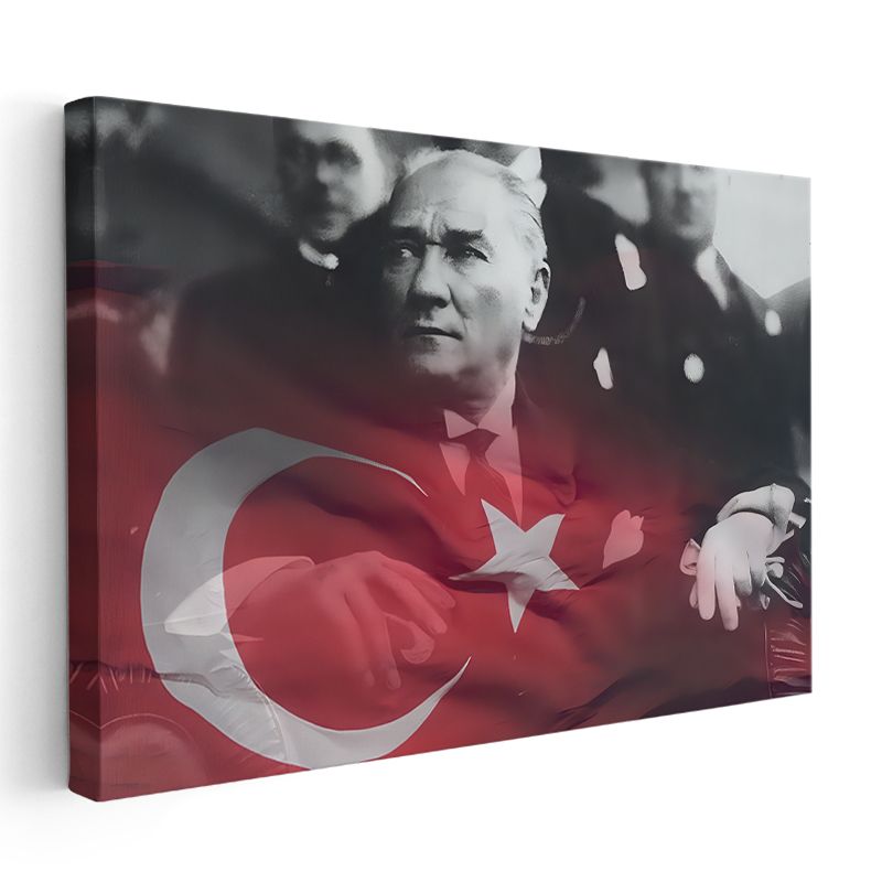 Bayrak Efektli Atatürk - Kırmızı Tonlu Portre Kanvas Tablo