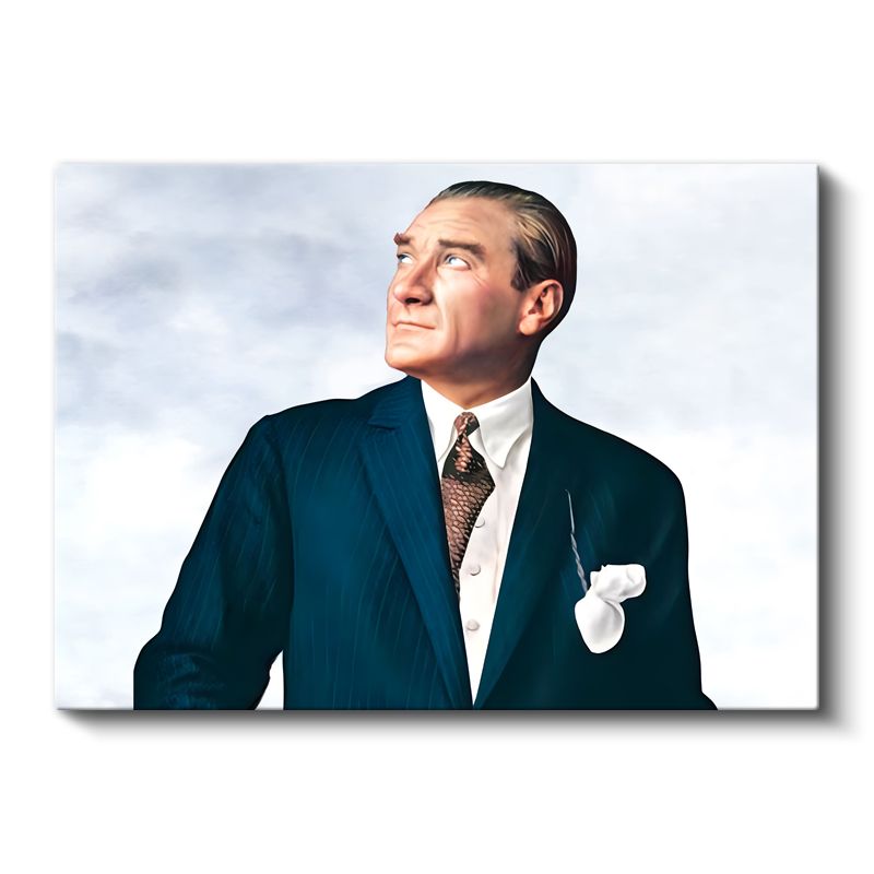 Yukarı Bakan Atatürk - Mavi Takım Elbiseli Kanvas Tablo