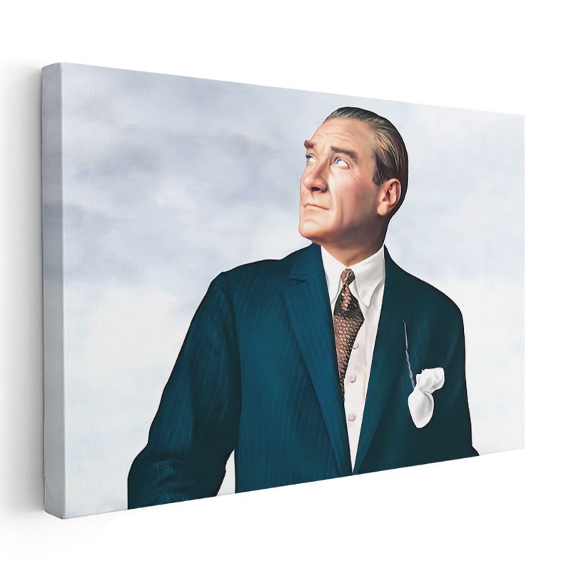 Yukarı Bakan Atatürk - Mavi Takım Elbiseli Kanvas Tablo