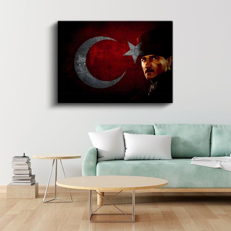 Kalpaklı Atatürk - Kırmızı Siyah Bayrak Fonlu Kanvas Tablo