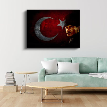 Kalpaklı Atatürk - Kırmızı Siyah Bayrak Fonlu Kanvas Tablo