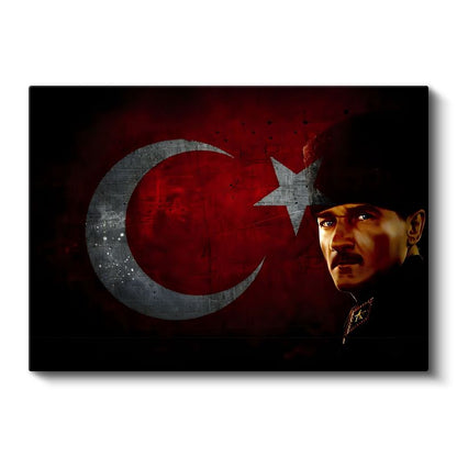 Kalpaklı Atatürk - Kırmızı Siyah Bayrak Fonlu Kanvas Tablo