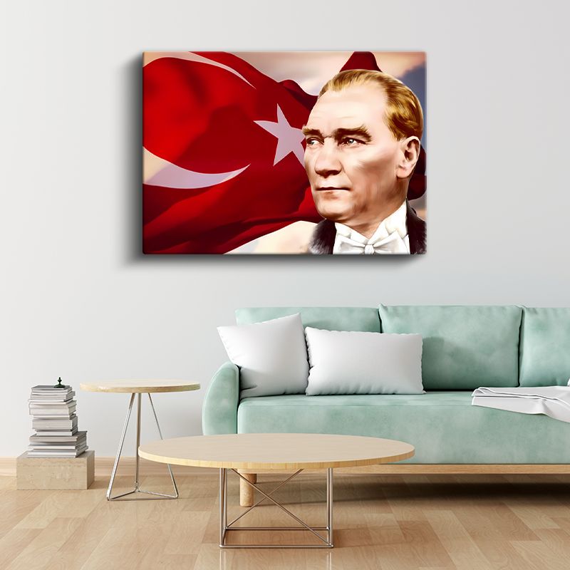 Bayrak Fonlu Atatürk - Papyonlu Profil Kanvas Tablo