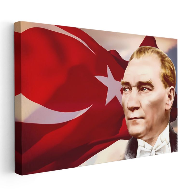 Bayrak Fonlu Atatürk - Papyonlu Profil Kanvas Tablo