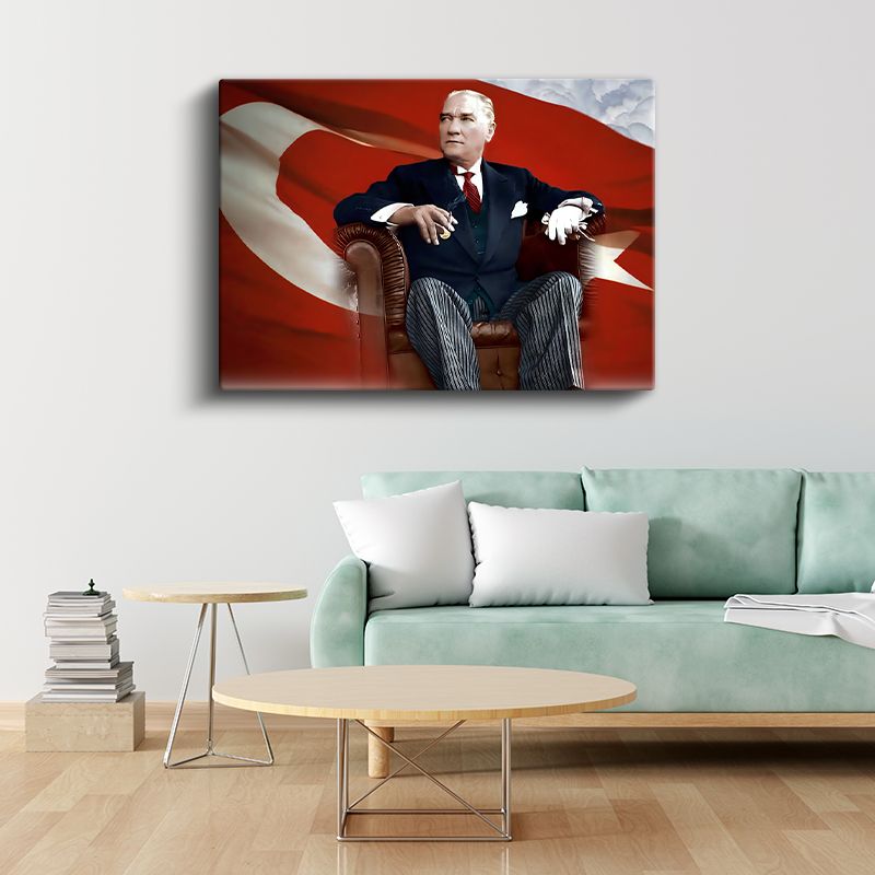 Koltukta Atatürk - Bayrak Fonlu Resmi Portre Kanvas Tablo