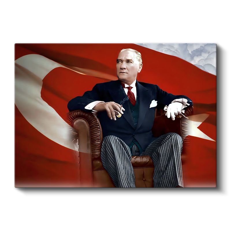 Koltukta Atatürk - Bayrak Fonlu Resmi Portre Kanvas Tablo