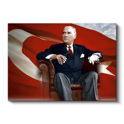 Koltukta Atatürk - Bayrak Fonlu Resmi Portre Kanvas Tablo