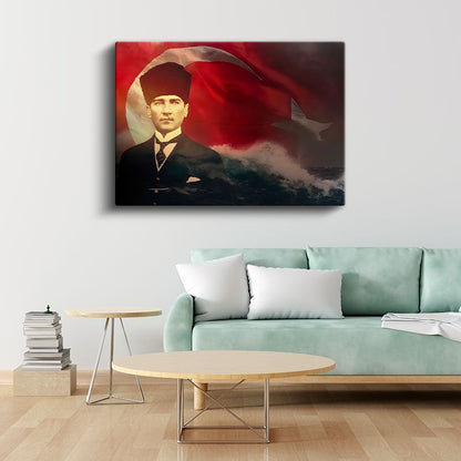Dalgalı Bayrak - Kalpaklı Atatürk Portresi Kanvas Tablo