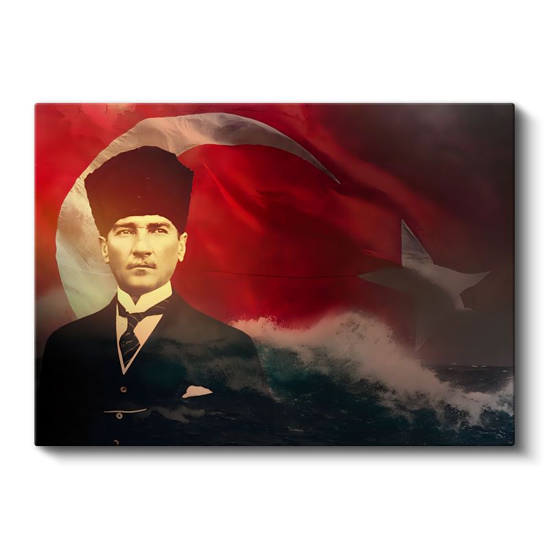 Dalgalı Bayrak - Kalpaklı Atatürk Portresi Kanvas Tablo