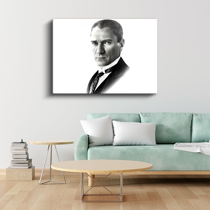 Beyaz Fonlu Atatürk - Siyah Beyaz Portre Kanvas Tablo