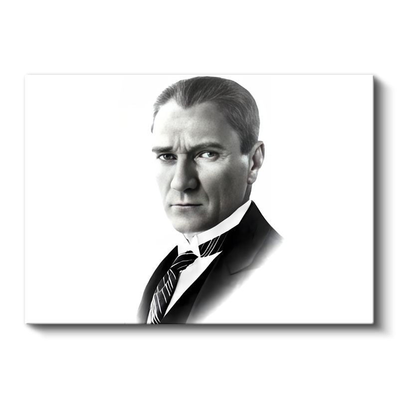 Beyaz Fonlu Atatürk - Siyah Beyaz Portre Kanvas Tablo