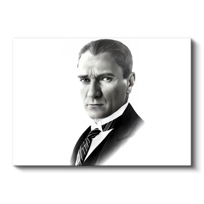 Beyaz Fonlu Atatürk - Siyah Beyaz Portre Kanvas Tablo