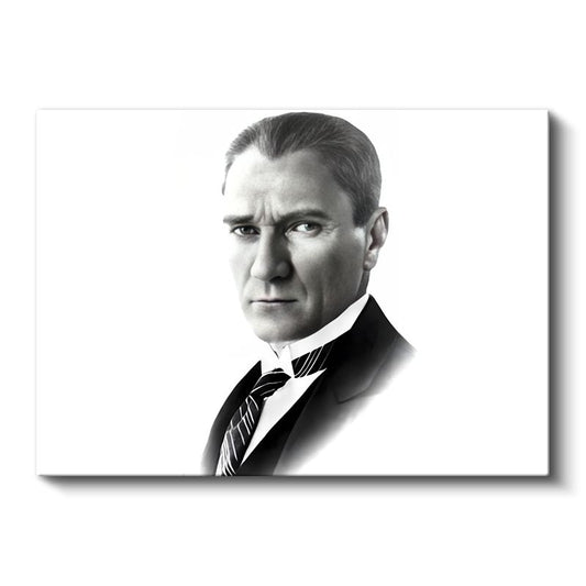 Beyaz Fonlu Atatürk - Siyah Beyaz Portre Kanvas Tablo