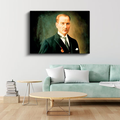 Yeşil Fonlu Atatürk - Madalyalı Resmi Portre Kanvas Tablo