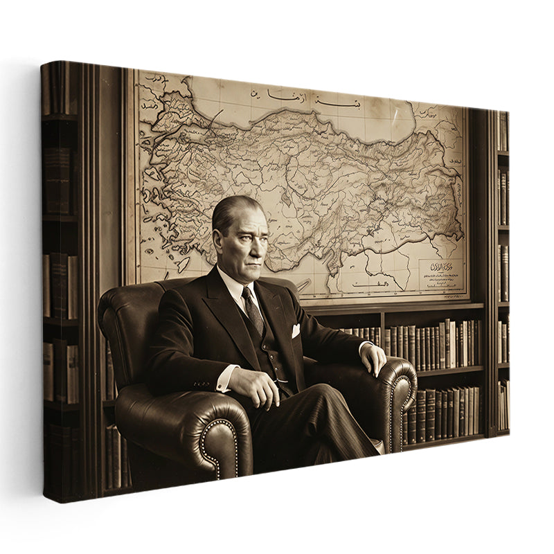 Yatay Kanvas Tablo Kütüphanede Atatürk ve Türkiye Haritası Ev Ofis Duvar Dekoru