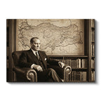 Yatay Kanvas Tablo Kütüphanede Atatürk ve Türkiye Haritası Ev Ofis Duvar Dekoru