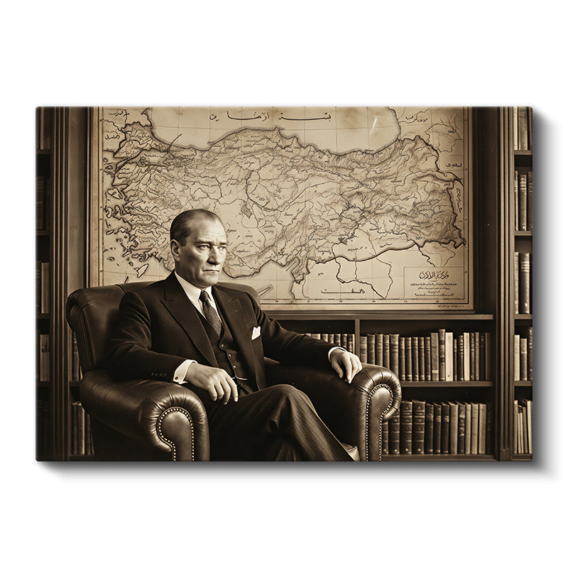 Yatay Kanvas Tablo Kütüphanede Atatürk ve Türkiye Haritası Ev Ofis Duvar Dekoru