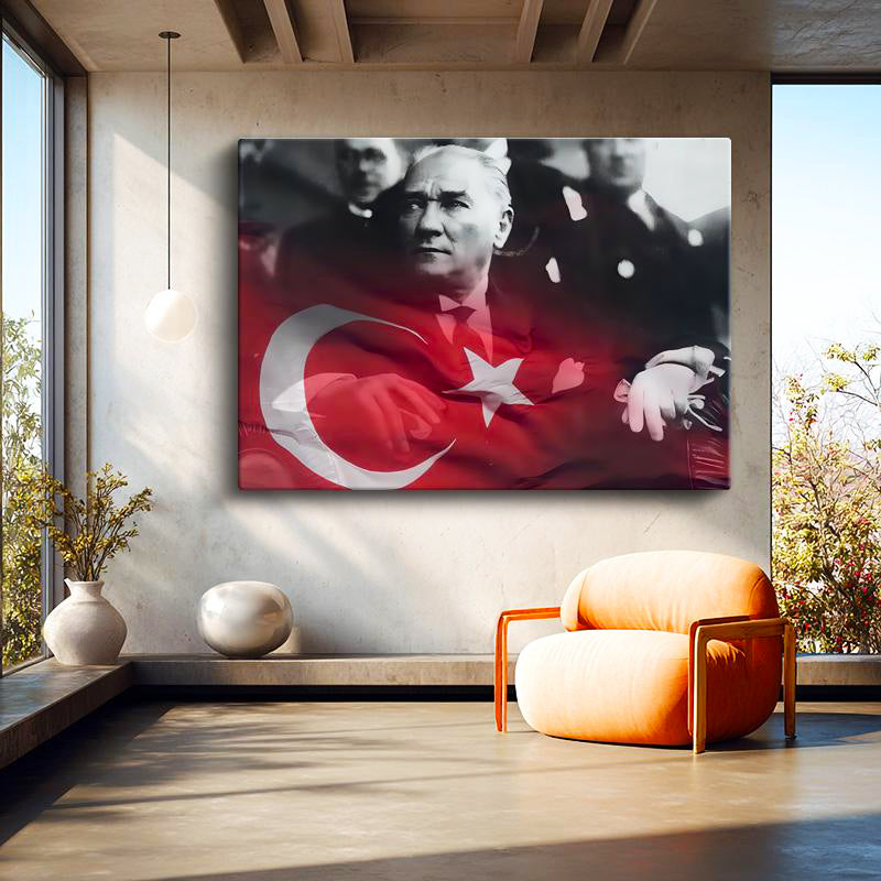 Yatay Kanvas Tablo Atatürk Bayrak İçinde Silüet Atatürk Tablosu Ev Ofis Duvar Dekoru