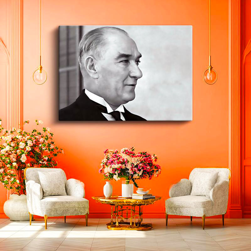Yatay Kanvas Tablo Atatürk Tebessümlü Yan Portre Atatürk Tablosu Ev Ofis Duvar Dekoru