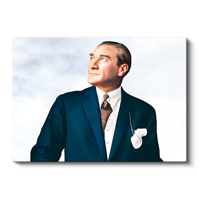 Yatay Kanvas Tablo Atatürk Bulutlu Fon Portre Atatürk Tablosu Ev Ofis Duvar Dekoru