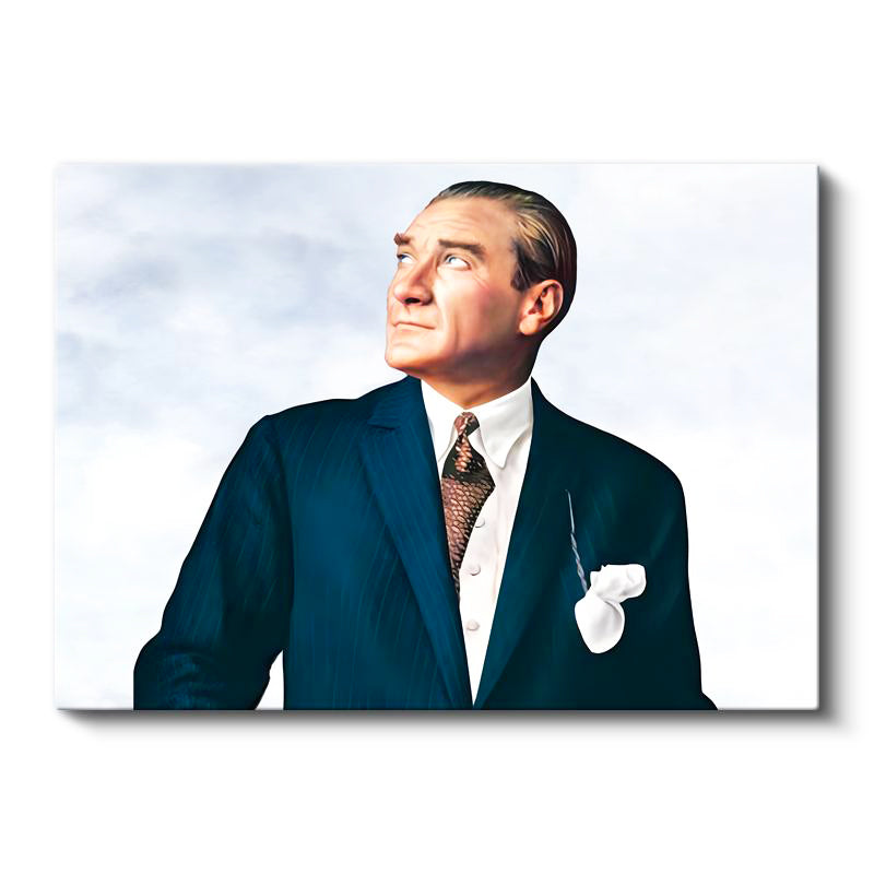 Yatay Kanvas Tablo Atatürk Bulutlu Fon Portre Atatürk Tablosu Ev Ofis Duvar Dekoru
