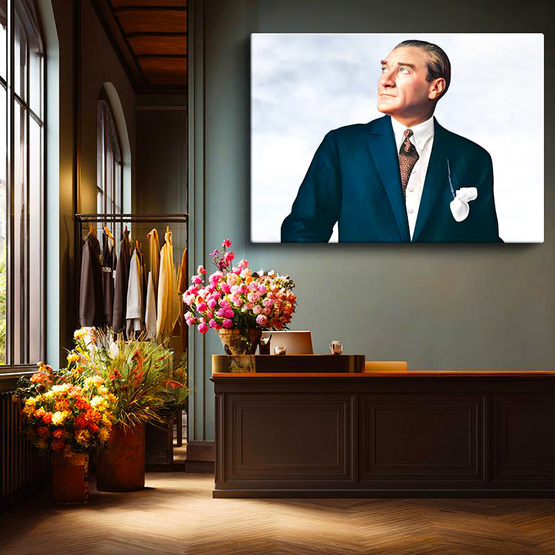 Yatay Kanvas Tablo Atatürk Bulutlu Fon Portre Atatürk Tablosu Ev Ofis Duvar Dekoru