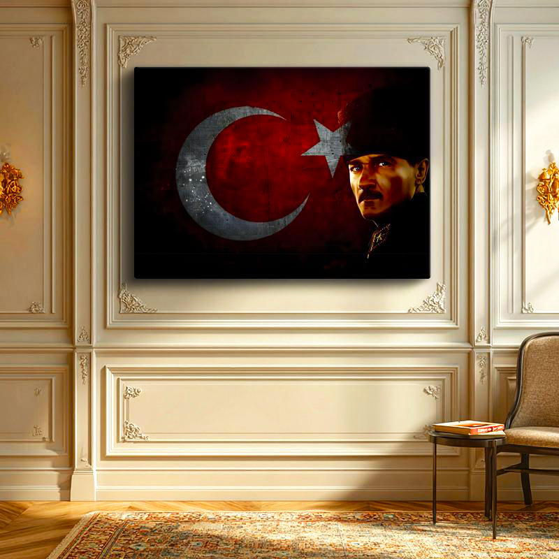 Yatay Kanvas Tablo Atatürk Büyük Ay Yıldız Grafik Atatürk Tablosu Ev Ofis Duvar Dekoru