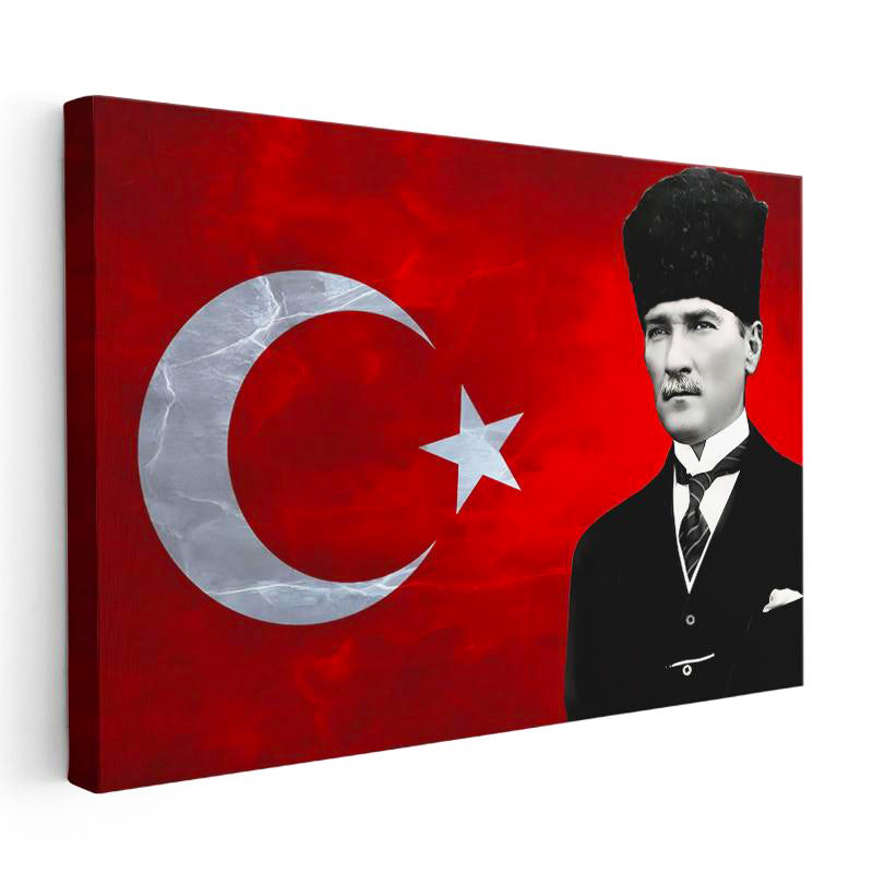 Yatay Kanvas Tablo Atatürk Kalpaklı Bayrak Dokusu Atatürk Tablosu Ev Ofis Duvar Dekoru