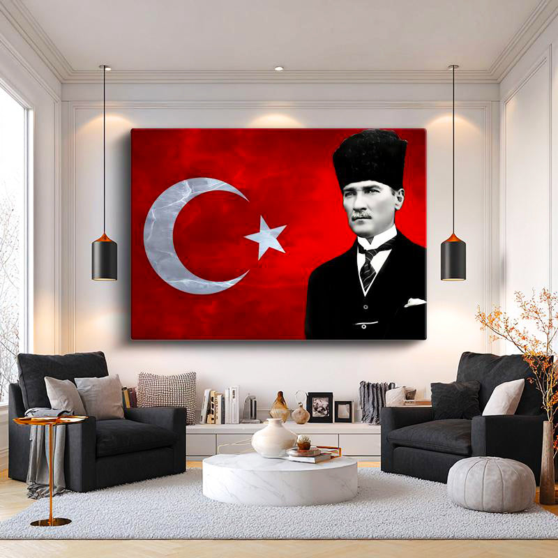 Yatay Kanvas Tablo Atatürk Kalpaklı Bayrak Dokusu Atatürk Tablosu Ev Ofis Duvar Dekoru