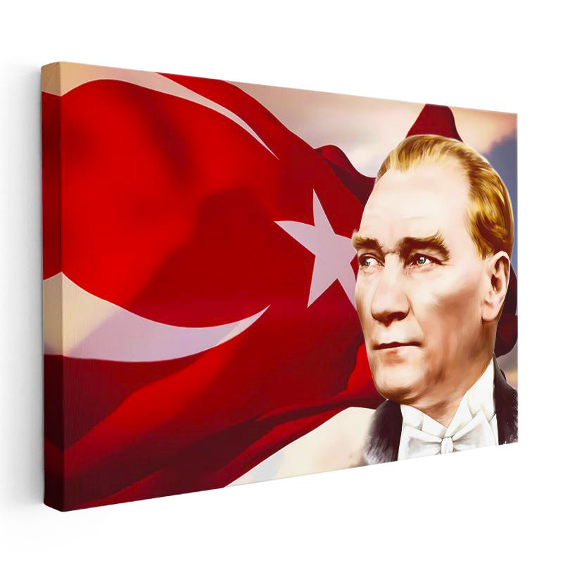 Yatay Kanvas Tablo Atatürk Bayrak Fonlu Yüz Atatürk Tablosu Ev Ofis Duvar Dekoru