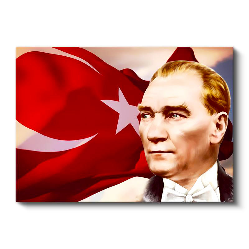 Yatay Kanvas Tablo Atatürk Bayrak Fonlu Yüz Atatürk Tablosu Ev Ofis Duvar Dekoru
