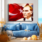 Yatay Kanvas Tablo Atatürk Bayrak Fonlu Yüz Atatürk Tablosu Ev Ofis Duvar Dekoru