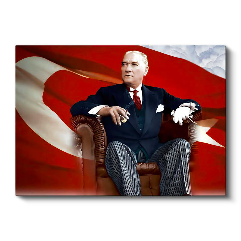 Yatay Kanvas Tablo Atatürk Koltukta Asil Duruş Atatürk Tablosu Ev Ofis Duvar Dekoru