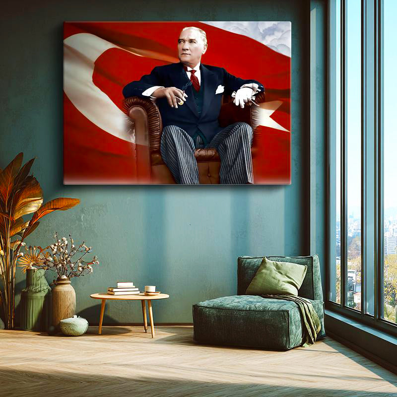 Yatay Kanvas Tablo Atatürk Koltukta Asil Duruş Atatürk Tablosu Ev Ofis Duvar Dekoru