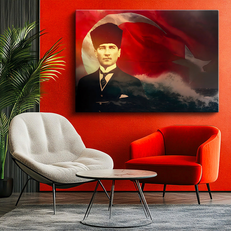 Yatay Kanvas Tablo Atatürk Deniz Ve Bayrak Temalı Atatürk Tablosu Ev Ofis Duvar Dekoru