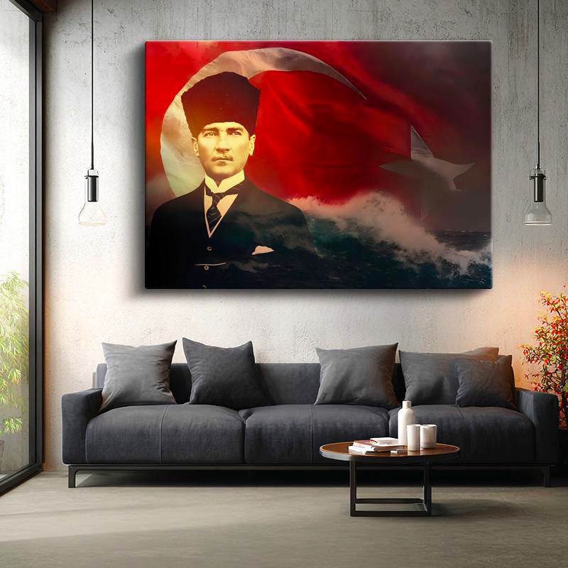 Yatay Kanvas Tablo Atatürk Deniz Ve Bayrak Temalı Atatürk Tablosu Ev Ofis Duvar Dekoru
