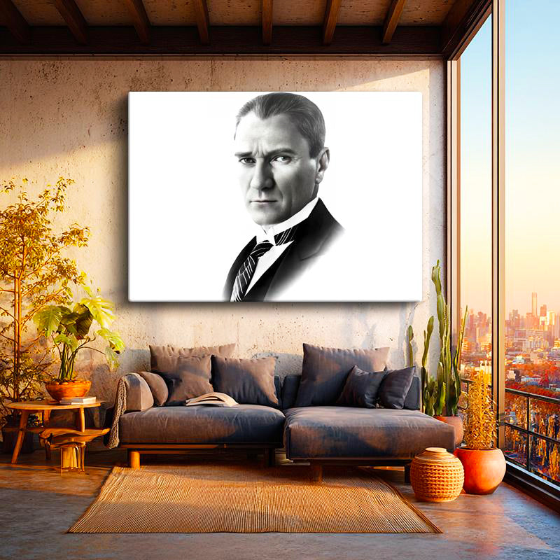 Yatay Kanvas Tablo Atatürk Keskin Bakışlı Portre Atatürk Tablosu Ev Ofis Duvar Dekoru