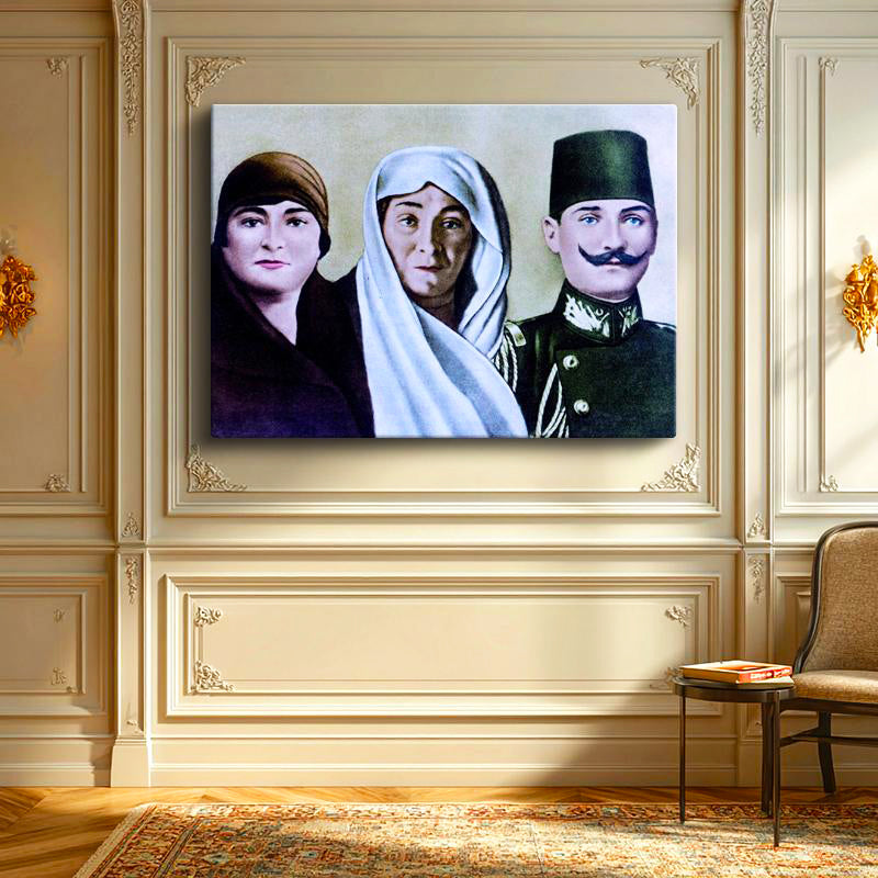 Yatay Kanvas Tablo Atatürk Ve Ailesi Çizim Atatürk Tablosu Ev Ofis Duvar Dekoru