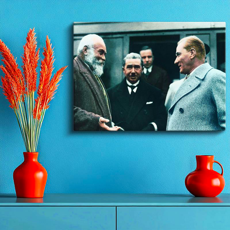 Yatay Kanvas Tablo Atatürk Tren Garı Sohbeti Atatürk Tablosu Ev Ofis Duvar Dekoru