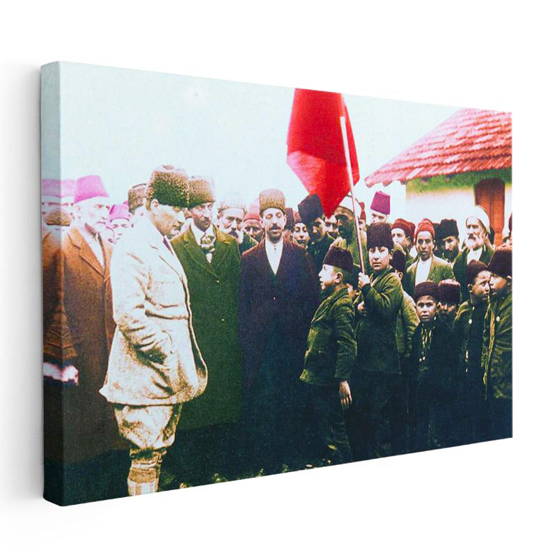 Yatay Kanvas Tablo Atatürk Ve Bayraklı Çocuk Atatürk Tablosu Ev Ofis Duvar Dekoru