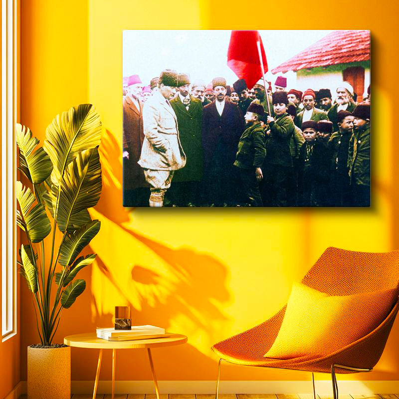 Yatay Kanvas Tablo Atatürk Ve Bayraklı Çocuk Atatürk Tablosu Ev Ofis Duvar Dekoru