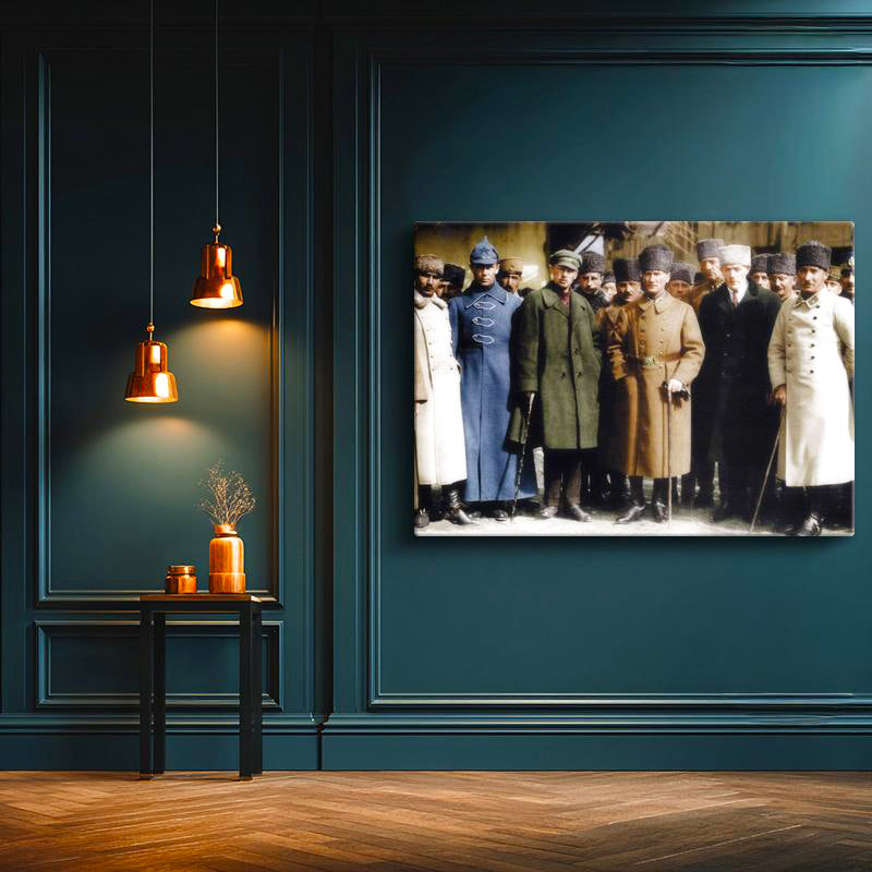Yatay Kanvas Tablo Atatürk Kalpaklı Kışlık Kıyafet Atatürk Tablosu Ev Ofis Duvar Dekoru